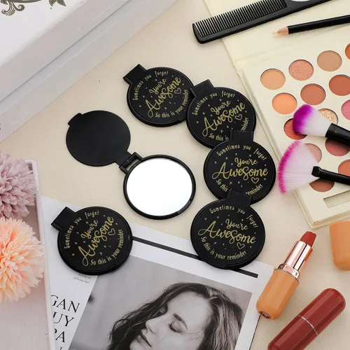 Miniatura 6 de Huwena 100 piezas de espejo compacto inspirador a granel, mini regalos para mujer, espejo redondo de bolsillo, regalos de agradecimiento para Negro