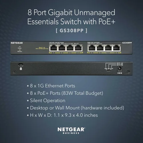 Miniatura 2 de NETGEAR Switch Essentials no administrado PoE+ Gigabit Ethernet de 8 puertos (GS308PP) – con 8 x PoE+ @ 83W, montaje en escritorio o pared
