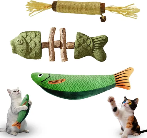 Tensho Purrident Cat Chew Toys 3PCS - Natural Fishbone Catnip Chew Toys and Saury Fish & Silvervine Stick, Dental Chews for Kittens and Cats,
