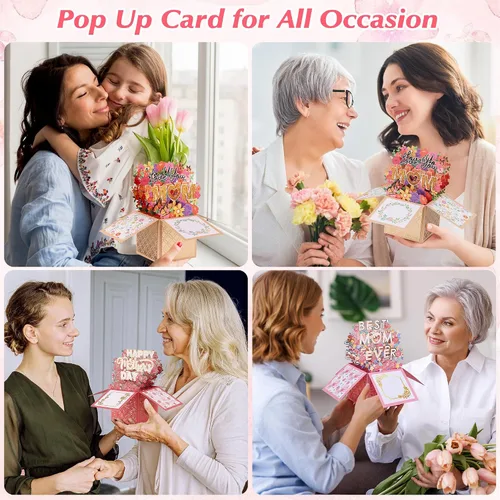 Miniatura 5 de POPGIFTU Paquete de 3 tarjetas emergentes 3D para el día de la madre con sobres y etiquetas de mensaje, juego de tarjetas de felicitación de ramo