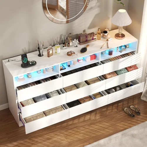 Miniatura 5 de Gyfimoie Cómoda de 9 cajones con toma de corriente, cómoda moderna blanca con luces LED, cómodas de madera con soporte para TV, organizador