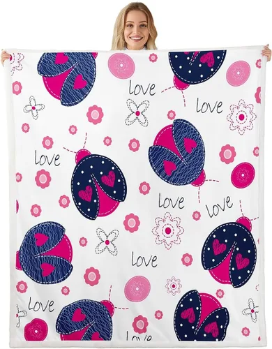 Miniatura 8 de Manta de forro polar con diseño de mariquita, diseño de mariquita, color rosa degradado con purpurina, para sofá o cama, manta Kawaii de dibujos