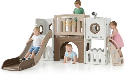 Arlopu Juego de Tobogán 9 en 1 para Niños Pequeños, Set de Juego de Escalador y Tobogán Grande para Niños con Pendiente Larga, Telescopio, Espacio