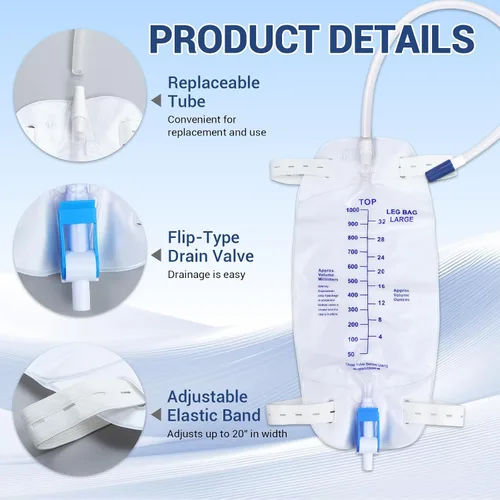 Miniatura 4 de Paquete de 5 bolsas de 33.8 fl oz para piernas de drenaje urinario con correas ajustables para el hombro y tubo flexible de 17.7 pulgadas con diseño