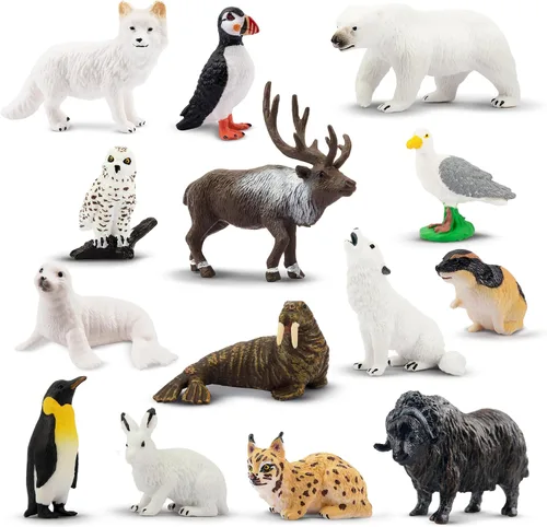 Toymany Juego de 14 mini figuras de animales árticos, juguetes de animales polares con oso polar, caribú, pingüino, morsa, lobo, figuras para