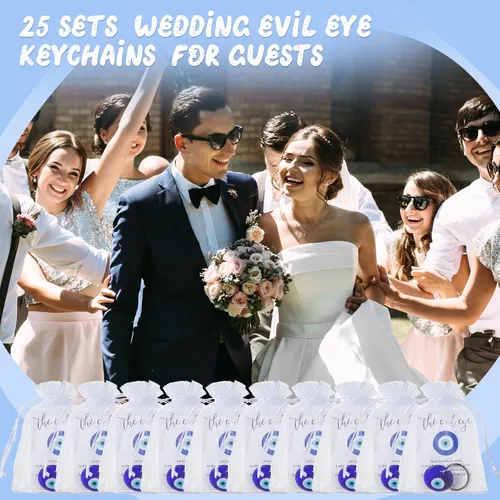 Miniatura 6 de Ferreve Juego de 25 regalos de boda para invitados, llavero azul de ojo malvado para buena suerte, tarjetas de deseos de boda, bolsas de organza