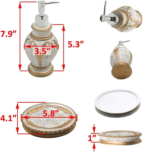 Miniatura 3 de LUANT Juego de accesorios de baño de 4 piezas, incluye vaso, soporte para cepillo de dientes, jabonera y dispensador de jabón, blanco con dorado
