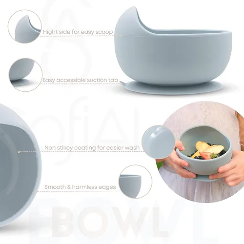Miniatura 2 de Juego de alimentación de bebé de silicona no tóxica sin BPA – Placa de succión, cuenco, babero y taza – Juego de 11 piezas para bebés de 6 a 18 Azul