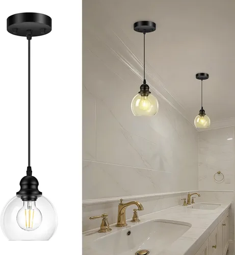 Miniatura 10 de Luces colgantes para isla de cocina, lámpara colgante negra con pantalla de cristal, lámpara colgante ajustable de 71 pulgadas para cocina, sala