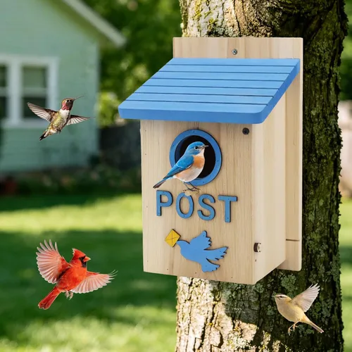 Miniatura 10 de Casas de madera para pájaros para exteriores, casa de pájaros de madera amarilla para exteriores, tulipanes pintados a mano, casas de pájaros