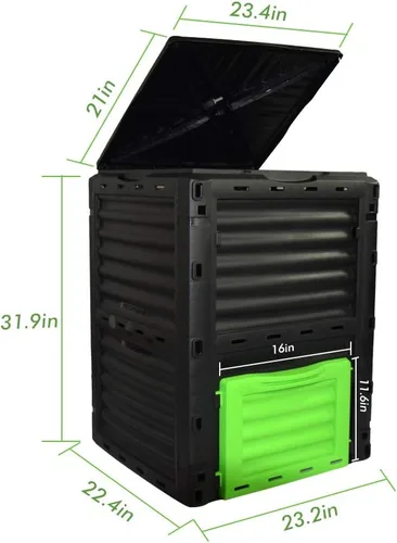 Miniatura 7 de Contenedor de compostaje estático de gran capacidad de 80 galones (300 litros), compostador de residuos verde bosque para exteriores con escotilla