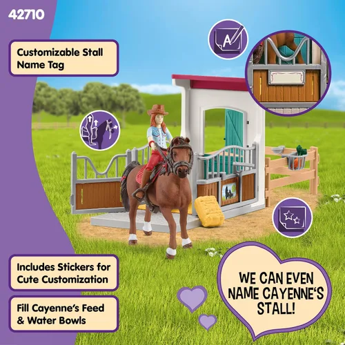 Miniatura 4 de Schleich Horse Club - Juego de juguetes de caballo de 25 piezas Hannah y Cayenne con caballeriza y accesorios - Etiqueta de nombre de establo