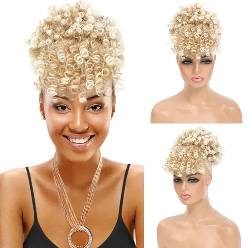 Miniatura 12 de Cola de caballo con cordón y flequillo, extensiones de cola de caballo afro para mujer, cola de caballo corta y rizada con flequillo con clip para 1b