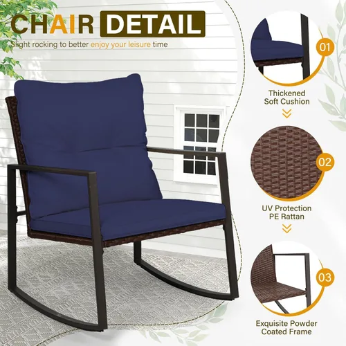 Miniatura 6 de SUNCROWN Juego de 3 piezas de muebles mecedores de mimbre para exteriores, juego de sillas para porche y conversación con mesa de café de vidrio