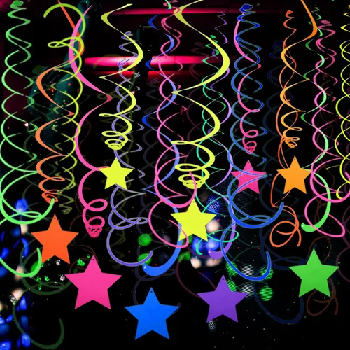 Miniatura 8 de 54 piezas de guirnaldas de papel en espiral colgantes UV con estrellas de neón, serpentinas brillantes, suministros y decoraciones de fiesta UV
