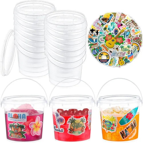 Miniatura 12 de PerKoop 20 cubos de helado de 32 onzas con tapas y asas, cubos transparentes de ron de cóctel con calcomanías, tina transparente de plástico