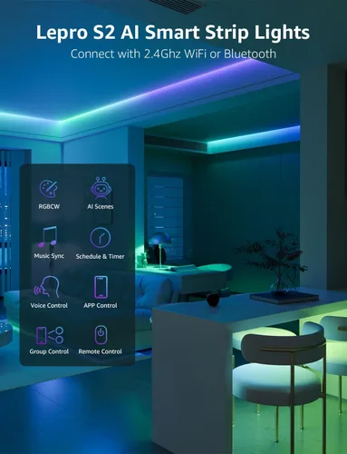 Miniatura 9 de Lepro Tira de luces LED inteligentes S2 AI – Tiras de luz RGBCW de 16.4 pies con 2700K-5700K blanco cálido sintonizable, segmento de color DIY
