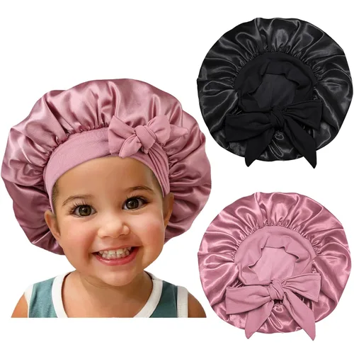 Miniatura 8 de Gorro de satén de seda para el cabello: 2 gorros para niños con banda elástica para atar y ajustar las correas ajustables para dormir y dormir
