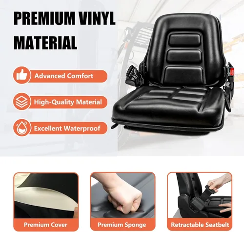 Miniatura 6 de Asiento universal de carretilla elevadora, asiento de tractor con cinturón de seguridad, respaldo ajustable e interruptor de posición del operador