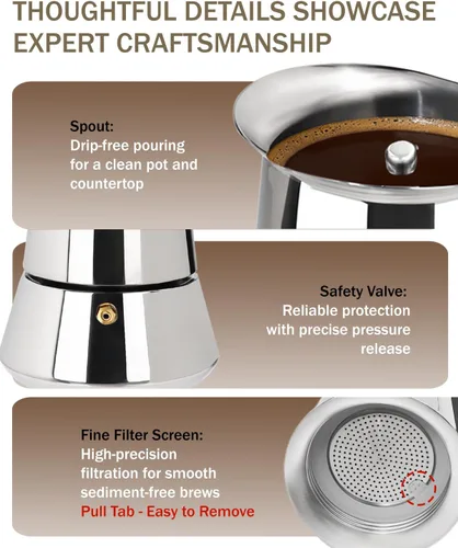Miniatura 6 de Express Stovetop Coffee Maker 2 Cup 100ml 3.5oz-(Stainless Steel) Italian Espresso Maker Food-Grade Home Kitchen & Camping All Stovetops