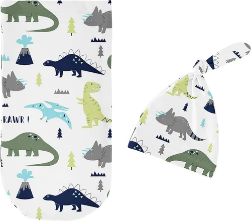 Miniatura 2 de Sweet Jojo Designs Mod Dino - Juego de 2 gorros y capullo para bebé, saco de dormir de punto elástico para bebé, recién nacido, saco de dormir, saco