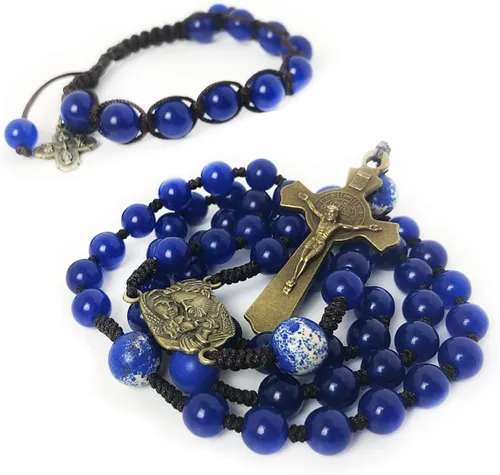 Juego de pulseras de rosario y rosario de cordón de piedra arenisca y jade azul de santa familia - Pulsera de ojo de tigre para hombre - Rosario