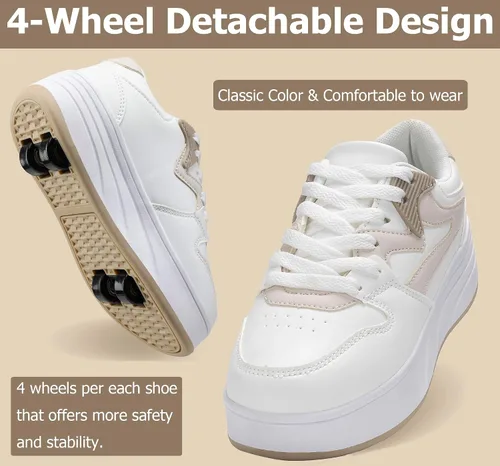 Miniatura 2 de Zapatillas de patinaje con ruedas desmontables para niños y niñas, calzado deportivo blanco/caqui
