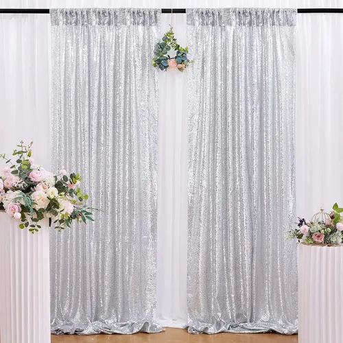 B-COOL Cortinas de fondo de lentejuelas plateadas, 2 paneles de 2 x 8 pies, cortina de lentejuelas navideñas para fondo, cortinas plateadas para