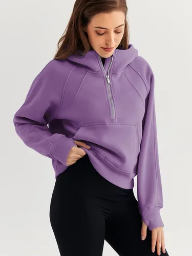 Miniatura 3 de WYNNQUE Sudadera corta con capucha para mujer, manga larga, forro polar, media cremallera, ropa de otoño