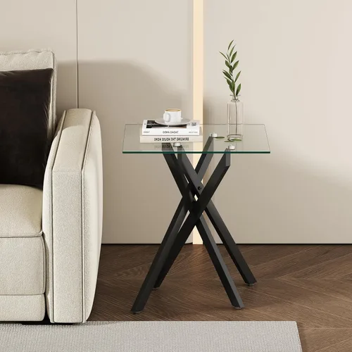 Mesa auxiliar moderna de cristal, mesa auxiliar cuadrada para sofá, mesa auxiliar con parte superior de vidrio templado transparente y patas Negro