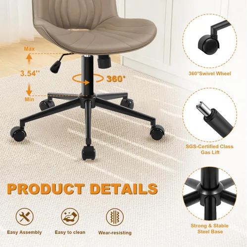 Miniatura 4 de Silla de Oficina, Silla de Escritorio Sin Brazos con Ruedas, Sillas Ergonómicas Cómodas para Oficina en Casa y Computadora, Silla de Tocador de Caqui
