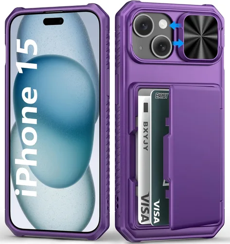 Miniatura 95 de BXYJY Funda tipo cartera para iPhone 15 Pro con tarjetero (4-5 tarjetas) y cubierta deslizante para cámara y soporte, protección contra caídas