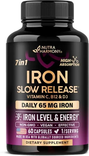 Suplemento de hierro para mujeres, hierro de 65 mg (sulfato ferroso de 325 mg), apto para el estómago, liberación lenta, alta absorción, vitaminas