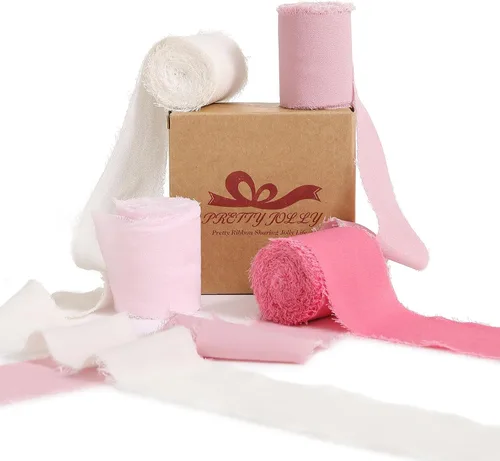 Miniatura 31 de Pretty Jolly Cinta de gasa beige para envolver regalos, 3 rollos de 2 pulgadas x 7 yardas, cinta de tela de seda hecha a mano con flecos para ramo
