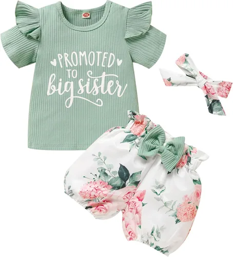 Trajes florales para niñas y niñas, promovido a hermana mayor, camisa de manga corta + pantalones cortos con lazo floral + diadema, 3 piezas de ropa