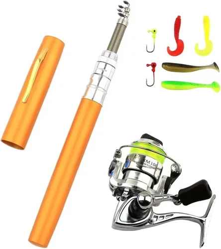 Miniatura 6 de Juego de carrete de caña de pescar con bolígrafo, mini bolsillo portátil plegable, kit de caña de pescar con carrete giratorio aleación de aluminio