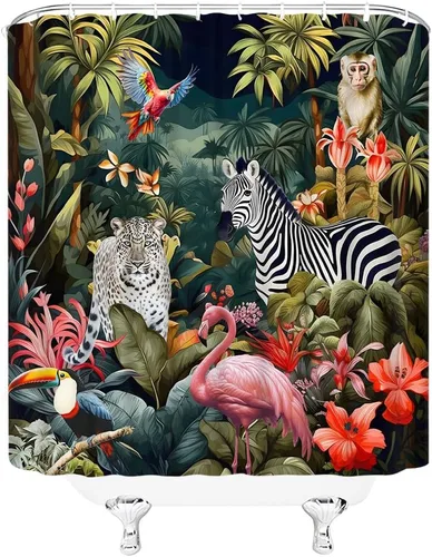 Miniatura 2 de Cortina de ducha de animales de selva tropical, selva, leopardo, flamenco, cebra, loro, hoja de palmera, plantas verdes, vida silvestre, zoológico