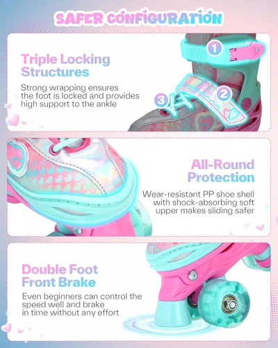 Miniatura 6 de Sportneer Patines para niños: 4 tamaños ajustables patines cuádruples con ruedas iluminadas para niñas de 5-8, 8-12 niños pequeños principiantes