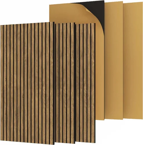 Miniatura 11 de 4 paneles de pared de listones de madera acústica 3D, absorción de sonido con cancelación de ruido, decoración de pared interior de teca natural