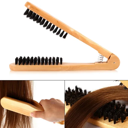 Miniatura 6 de Peine de peluquería antiestático de doble cara y cerdas de madera - Cepillo alisador con abrazadera para el cabello para peluquería profesional