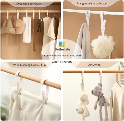 Miniatura 2 de iBetterLife Alfileres de ropa resistentes para exteriores, 8 ganchos grandes para ropa sucia con clips, abrazaderas organizadoras de armario