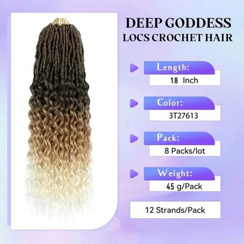 Miniatura 2 de Cabello de Ganchillo Goddess Locs de 18 Pulgadas 8 Paquetes Nuevos Faux Locs Suaves Trenzas de Ganchillo Ondas Profundas Extensiones de Cabello
