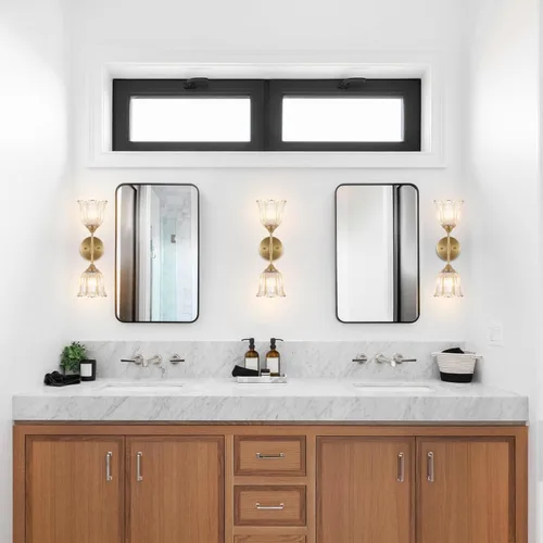 Miniatura 8 de BYOLIIMA Aplique de pared dorado de 2 luces con pantallas de vidrio ámbar, moderno de mediados de siglo, accesorios de luz de pared para tocador