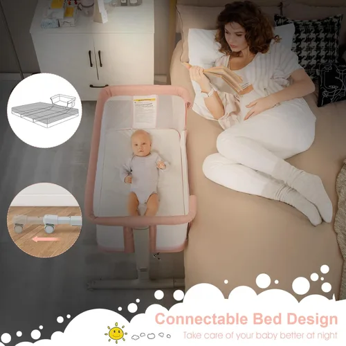 Miniatura 6 de INFANS Cuna de bebé 3 en 1, cuna lateral para recién nacido, cuna plegable con colchón, bolsa de viaje, ruedas, malla de 4 lados, cuna de montaje