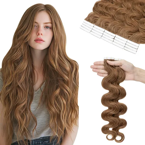 Hairro Extensiones de cabello humano ondulado con cinta adhesiva de 14 pulgadas, color castaño rubio, corto, 1.41 onzas, 20 unidades, extensiones de