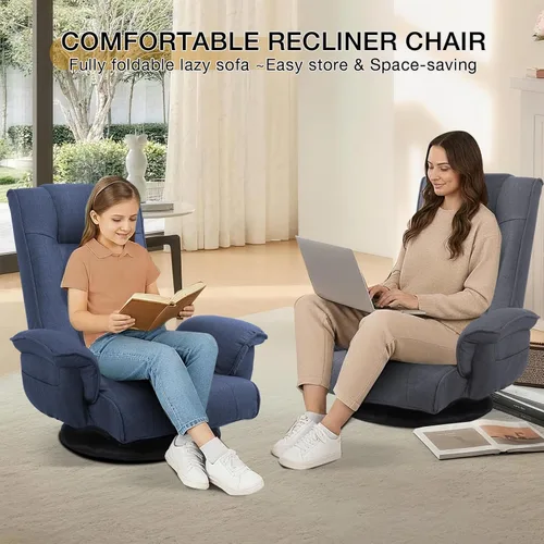 Miniatura 7 de Linen Fabric Ergonomic Gaming Chair, 6-Position Reclining Sofa Bed with Lumbar Support, Foldable Floor Lounger with Thick Cushion, Armrests & Side