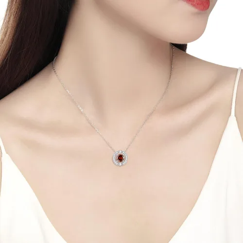 Miniatura 3 de Collar con halo de piedra natal para mujer plata de ley chapado en platino piedras preciosas brillantes corte redondo colgante de solitario collares