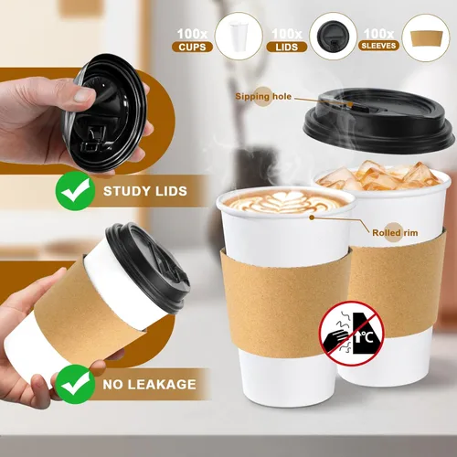 Miniatura 2 de Lamosi Paquete de 100 tazas de café desechables de 16 onzas con tapas y mangas, a prueba de fugas, tazas de café de papel con tapas, bebidas