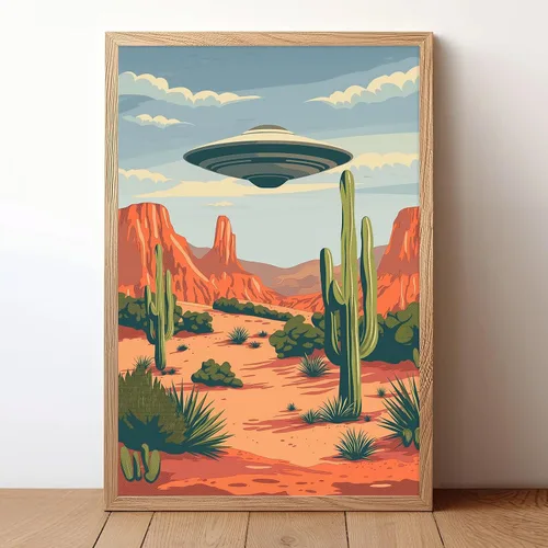 Miniatura 8 de Lienzo de paisaje del desierto para pared, póster de platillo volador, imagen retro de los años 70, estilo de los años 70, arte de pared vintage