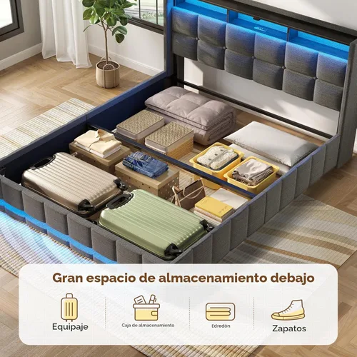 Miniatura 4 de Rolanstar Marco de cama tamaño individual con almacenamiento elevable, estación de carga y luces LED, cabecera de almacenamiento tapizada, listones